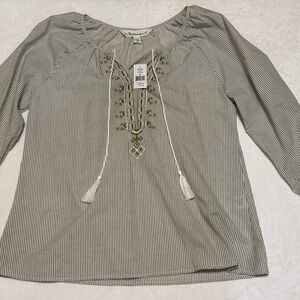 Women's Tantrums Khaki & White Striped Embroidered Blouse M
